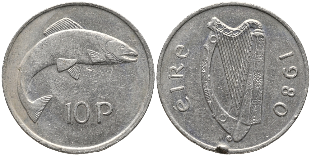 ИРЛАНДИЯ 10 ПЕНСОВ 1980 ЛОСОСЬ KM 23 медно-никель 32-714