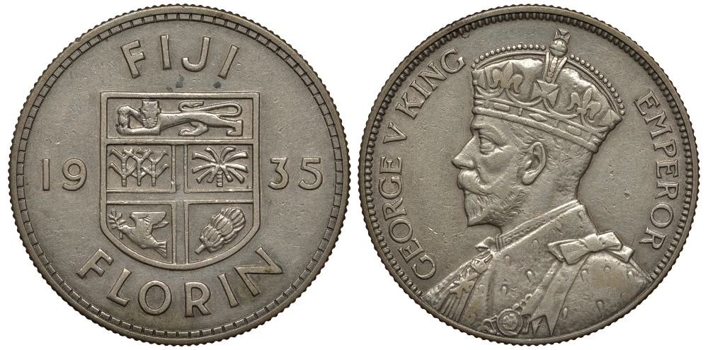 Фиджи 1 флорин 1935 Георг V (1910-1936), герб Фиджи KM 5 серебро 633-1121