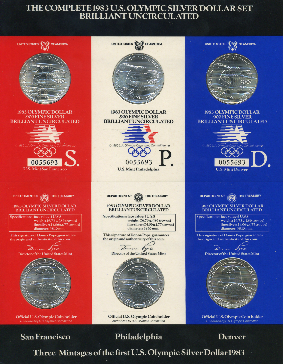 США набор из 3 монет по 1 доллару 1983 P, D, S, Олимпийские игры в Лос-Анджелесе, дискобол, в оригинальном буклете KM 209 серебро UNC 7-4-2-27