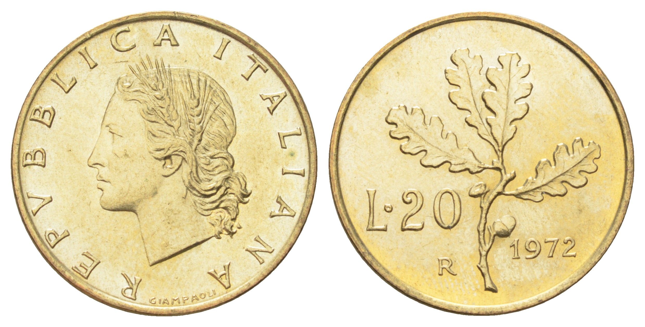 Италия 20 лир 1972 R, дубовый лист KM 97 алюминиевая бронза UNC 4611-944