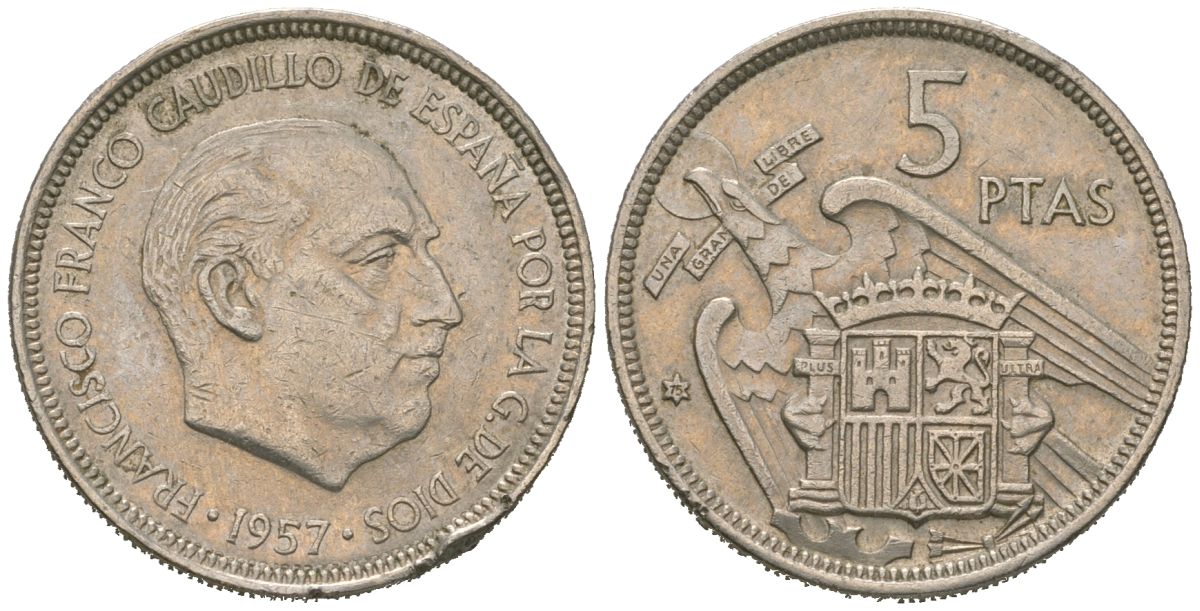 Испания 5 песет 1957 (75) Франсиско Франко (1939-1975) KM 786 медно-никель 4619-731