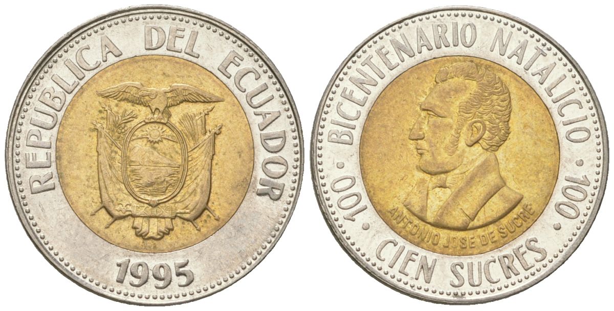 Эквадор 100 сукре 1995 200 лет со дня рождения Антонио Хосе де Сукре KM 96 биметалл 4611-729