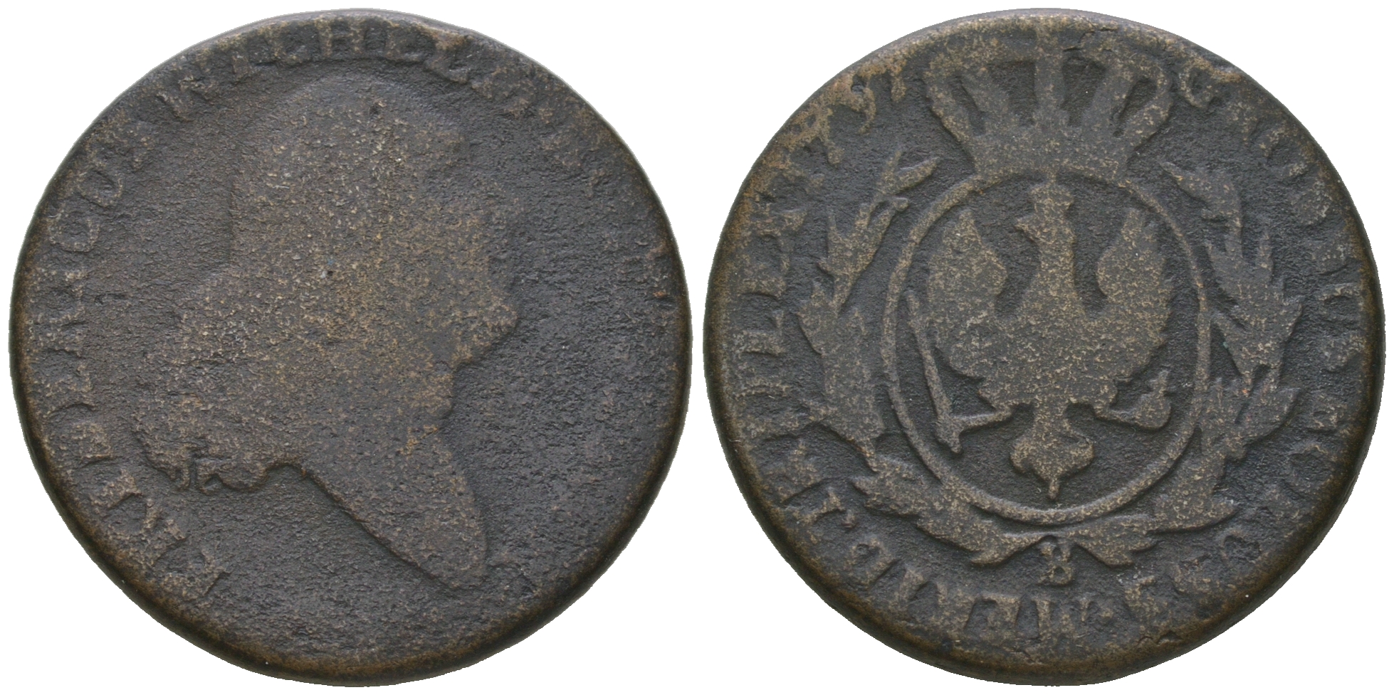 Польша, Южная Пруссия 3 гроша 1797 В, Фридрих Вильгельм II Прусский (1786-1797) KM 3 медь 4641-516