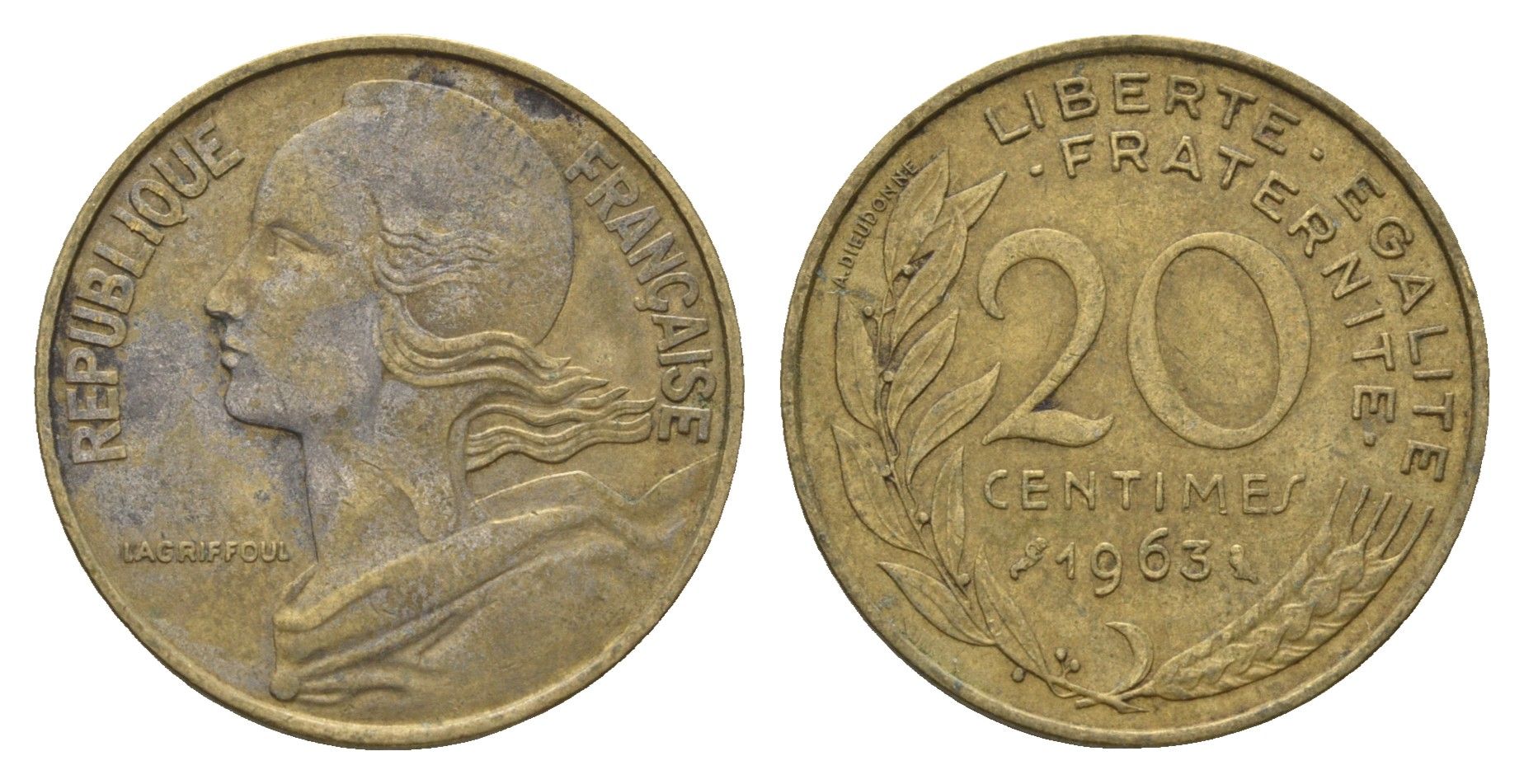 Франция 20 сантимов 1963 KM 930 алюминиевая бронза 4673-1112