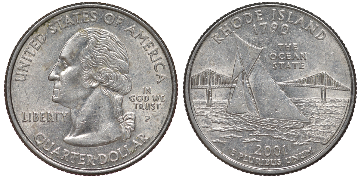 США 25 центов = квотер 2001 Р, серия штаты США, Род-Айленд KM 320 медь плакированная медно-никелем 4538-1256
