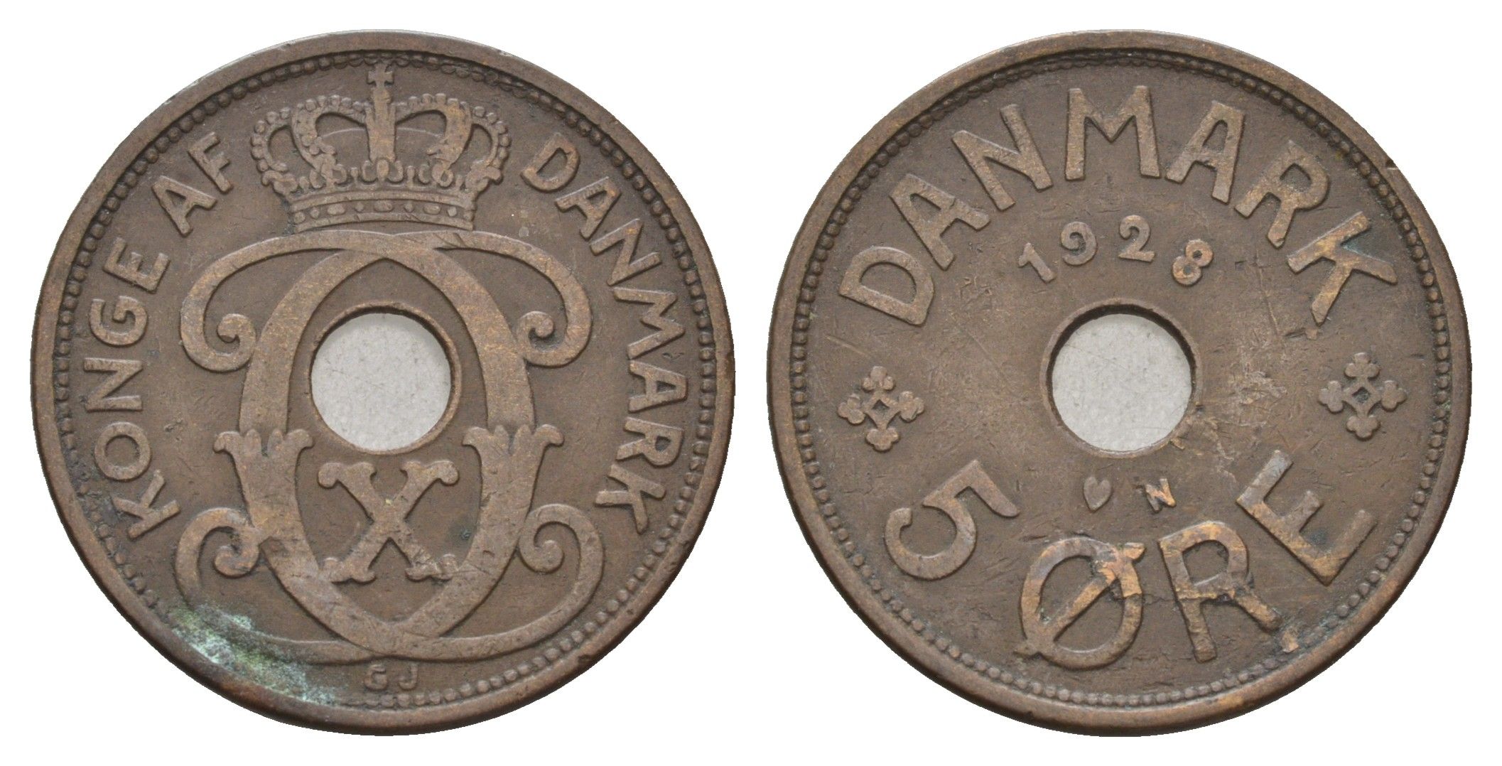 Дания 5 эре 1928 N, Кристиан X (1912-1947) KM 828 бронза 4700-826