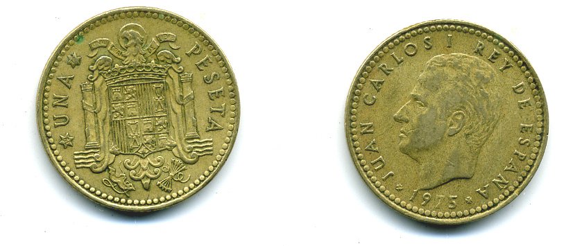 ИСПАНИЯ 1 ПЕСЕТА 1975 (77) ХУАН КАРЛОС I (1975-) КМ 806 алюминиевая бронза 54-559