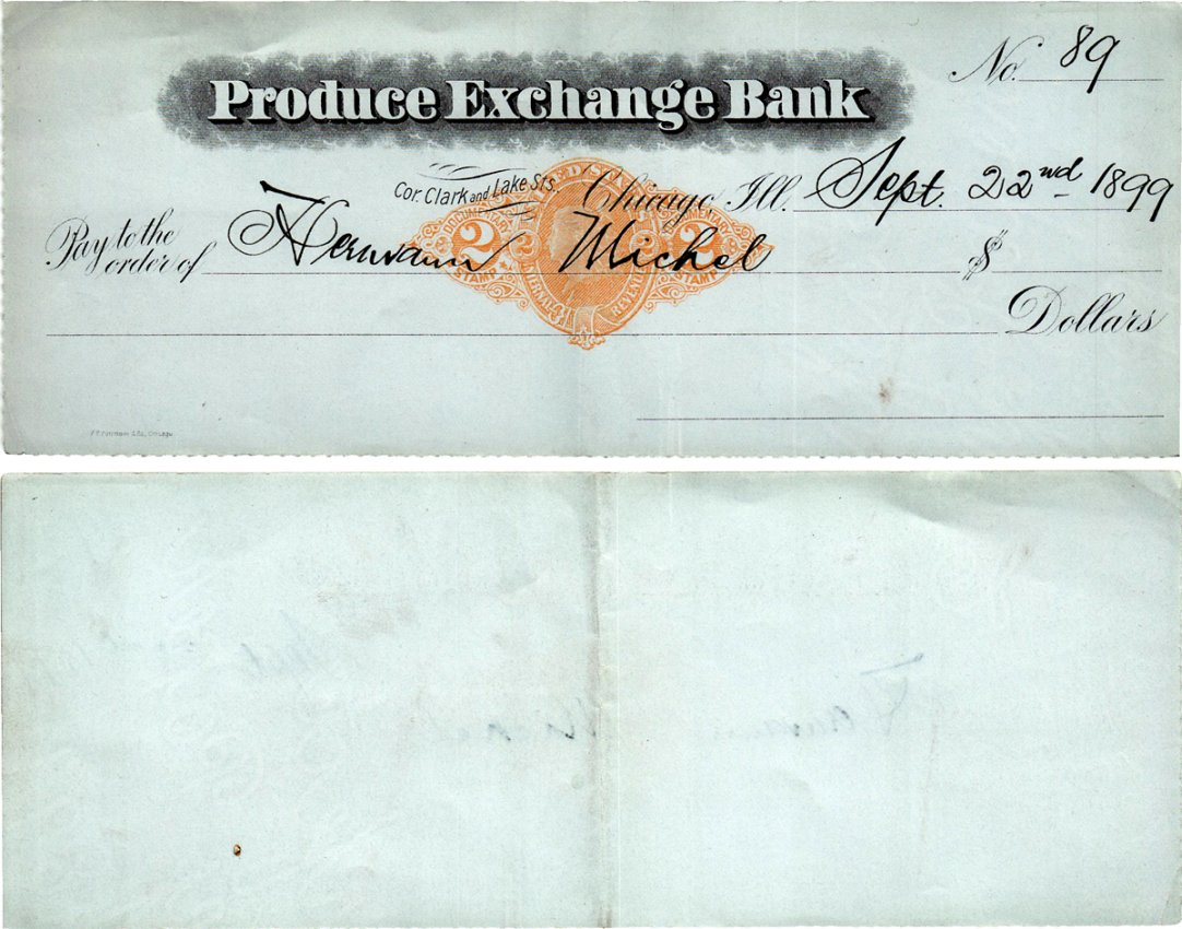 США пустой чек 1899 Produce Exchange Bank бумага 434-24-2-1