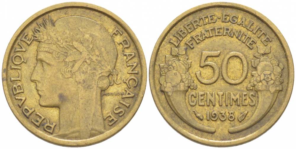 ФРАНЦИЯ 50 САНТИМОВ 1938 KM 894.1 алюминиевая бронза 3309-1032