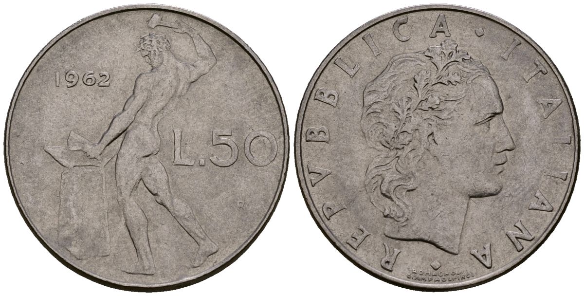Италия 50 лир 1962 KM 95.1 нержавеющая сталь 4176-235