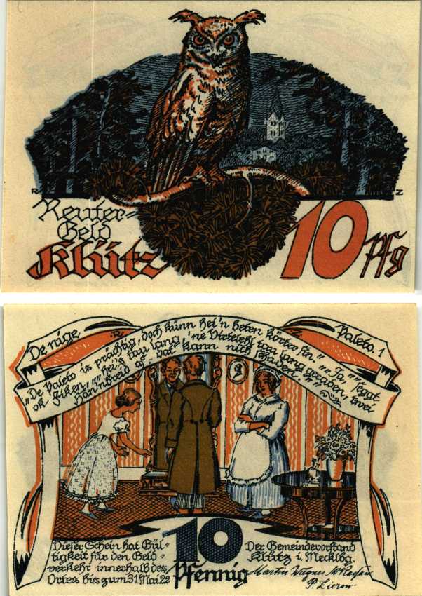 КЛУТЦ (KLUTZ) 10 ПФЕННИГОВ 1922 НОТГЕЛЬД, 1922 - 31 МАЯ 1922, ЗЕМЛЯ Grabowski 709.1 бумага 6318-30-2-2