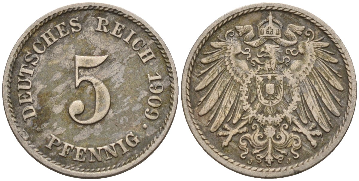 Германия 5 пфеннигов 1909 A KM 11, J. 12 медно-никель 4151-515