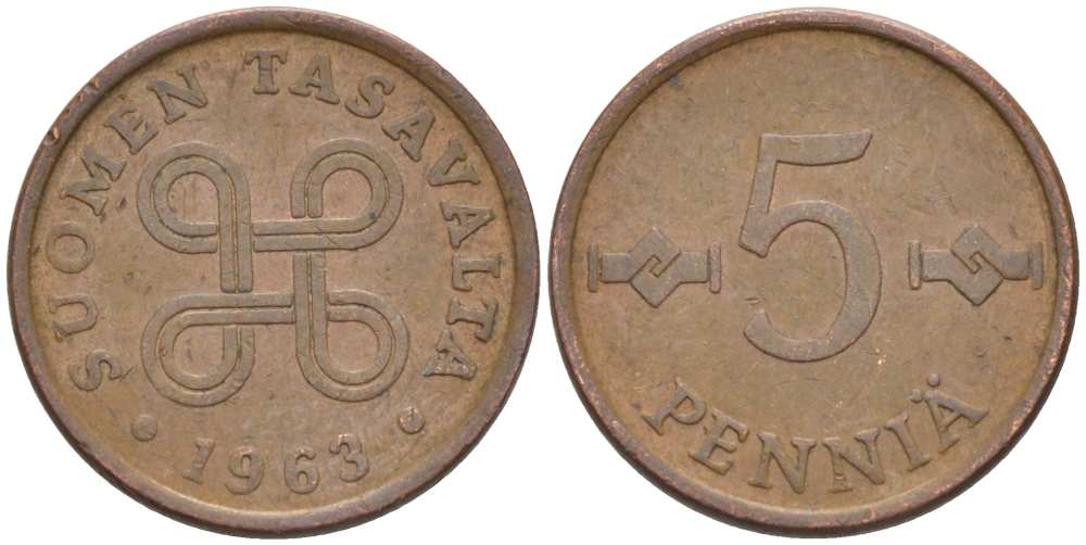 ФИНЛЯНДИЯ 5 ПЕННИ 1963 KM 45 медь 218-1266
