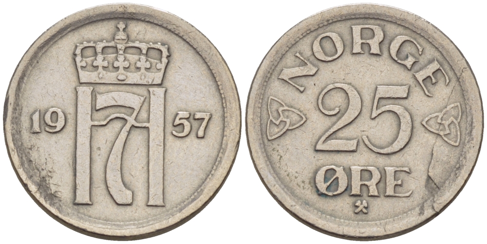 НОРВЕГИЯ 25 ЭРЕ 1957 ХОКОН VII (1905-1957) KM 401 медно-никель 66-413
