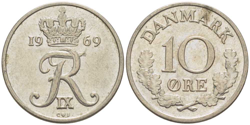 Дания 10 эре 1969 C,S, Фредерик IX (1947-1972) KM 849.1 медно-никель 4387-1017