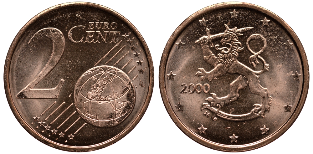 ФИНЛЯНДИЯ 2 ЕВРОЦЕНТА 2000 KM 99 сталь плакированная медью UNC 4181-466