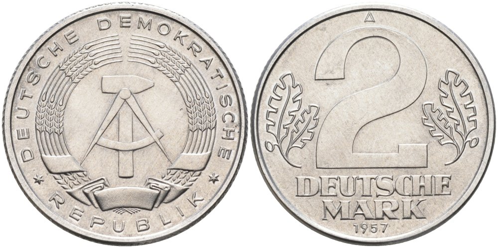 ГДР 2 марки 1957 А KM 14 алюминий UNC 4574-521