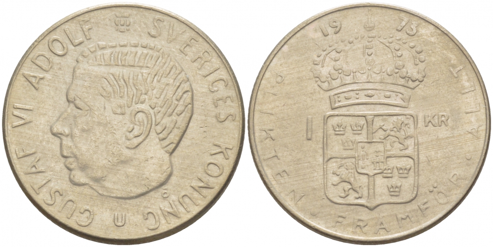 Швеция 1 крона 1973 Густав VI Адольф (1950-1973) KM 826а медь плакированная медно-никелем 213-1233