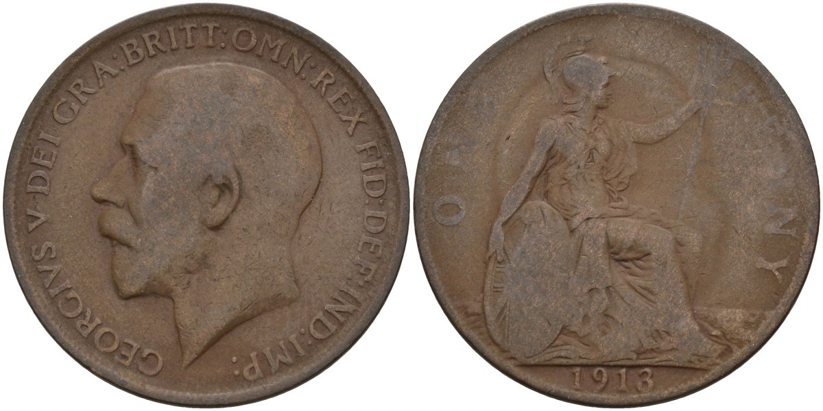 Великобритания 1 пенни 1913 Георг V (1910-1936) KM 810, Spink 4051 бронза 4144-812