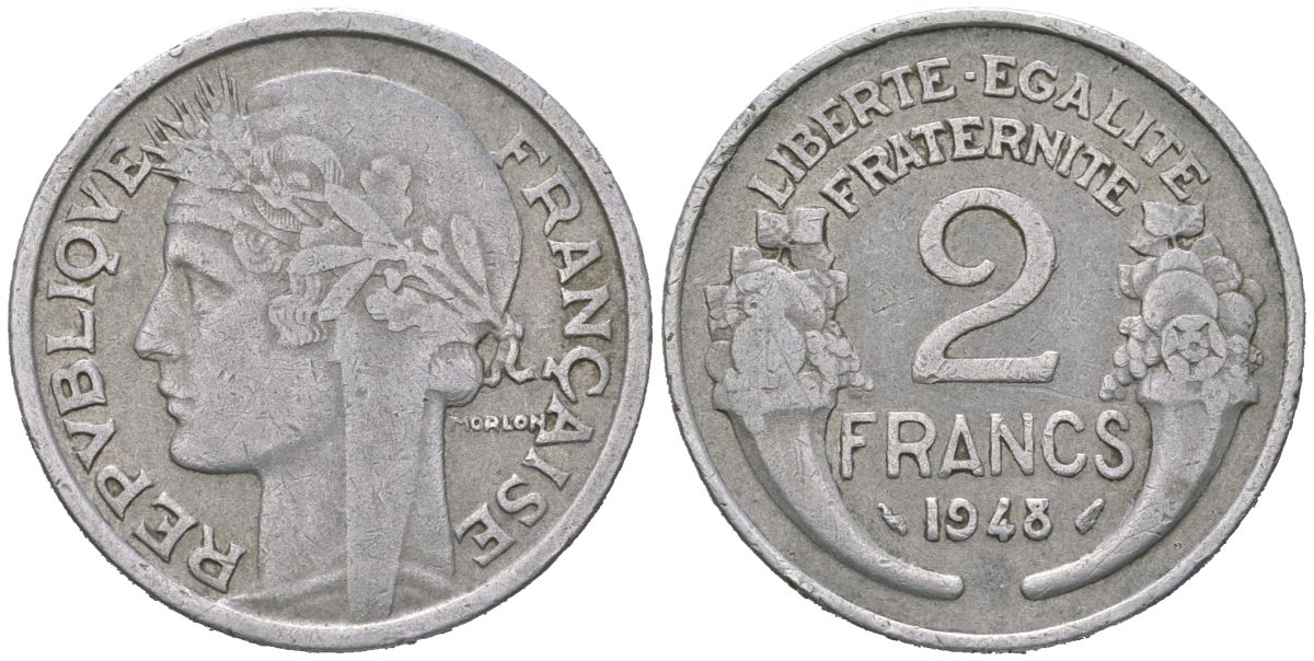 Франция 2 франка 1948 KM 886a.1, Le Franc 269 алюминий 4582-235