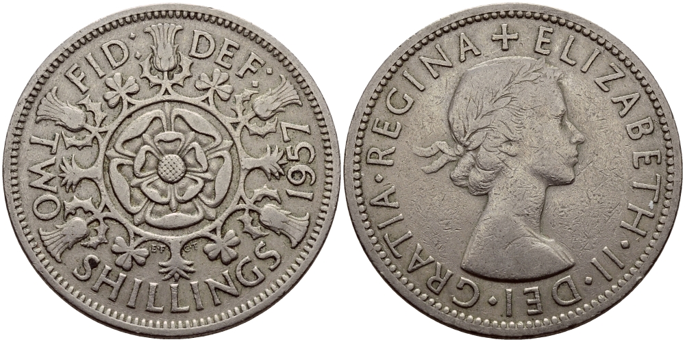 Великобритания 2 шиллинга (флорин) 1957 Елизавета II (1952-2022) KM 906, Spink 4146 медно-никель 85-723
