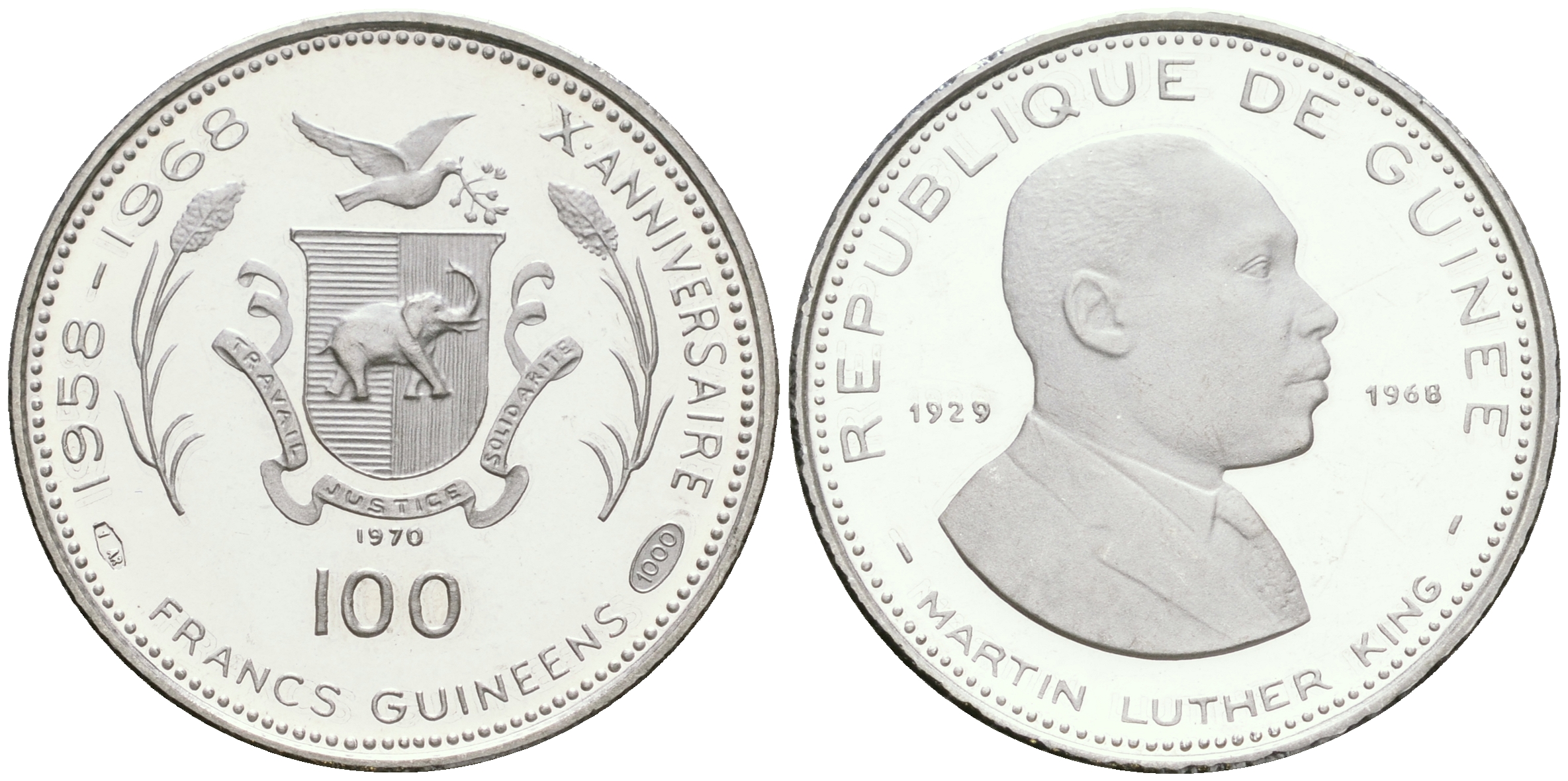 Гвинея 100 франков 1970 10 лет независимости (1958-1968), Мартин Лютер Кинг, в запайке KM 9 серебро PROOF 3831-111