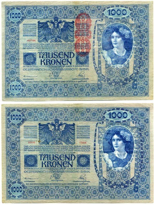 АВСТРИЯ 1000 КРОН 1919 КРАСНАЯ ВЕРТИКАЛЬНАЯ НАДПЕЧАТКА НА 1902 Pick 59 бумага 7551-27-2-1