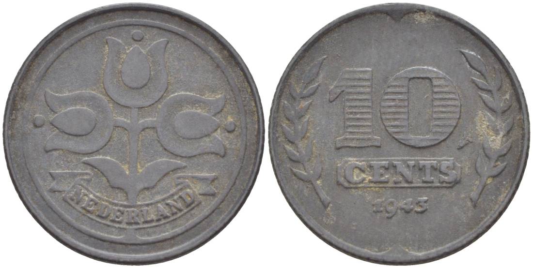 НИДЕРЛАНДЫ 10 ЦЕНТОВ 1943 ВИЛЬГЕЛЬМИНА I (1891-1948), ГЕРМАНСКАЯ ОККУПАЦИЯ, ВТОРАЯ МИРОВАЯ ВОЙНА KM 173 цинк 4548-841