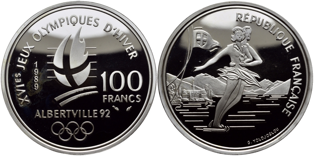 Франция 100 франков 1989 XVI Зимние Олимпийские игры 1992 в Альбервиле, парное фигурное катание KM 972 серебро PROOF 413-2535
