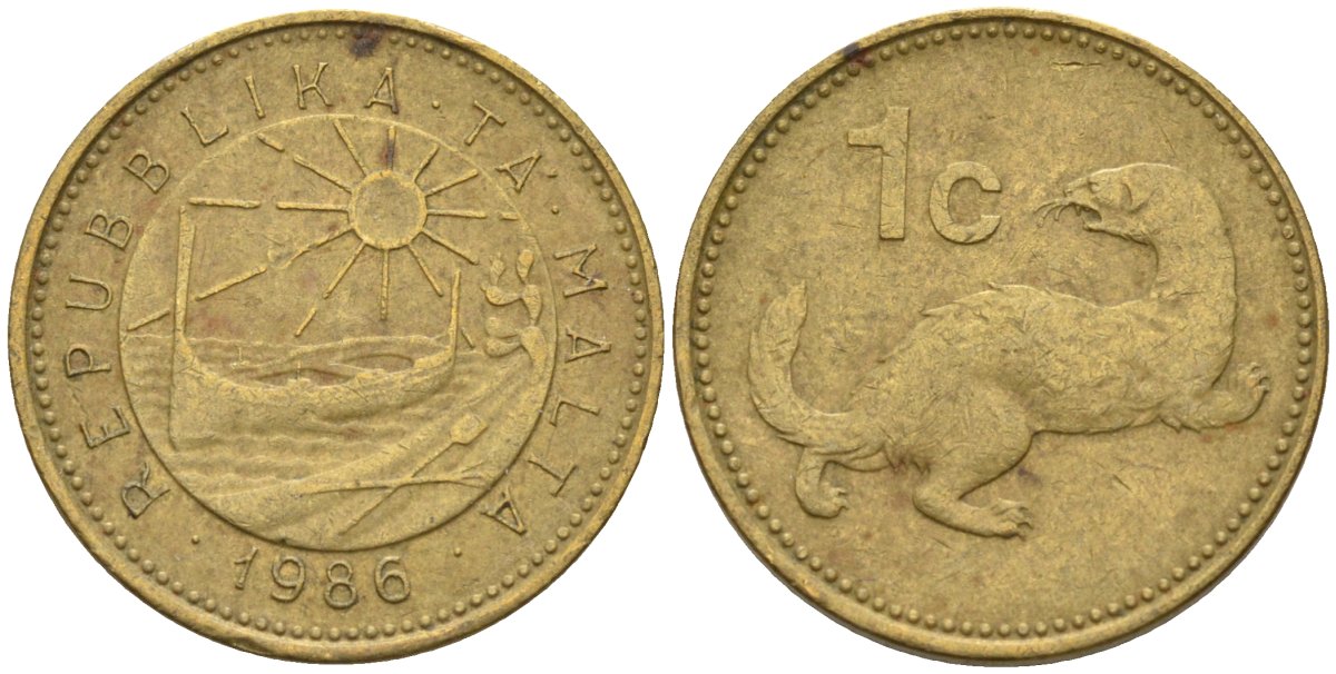 Мальта 1 цент 1986 ласка, горностай KM 78 никель латунь 4585-1126