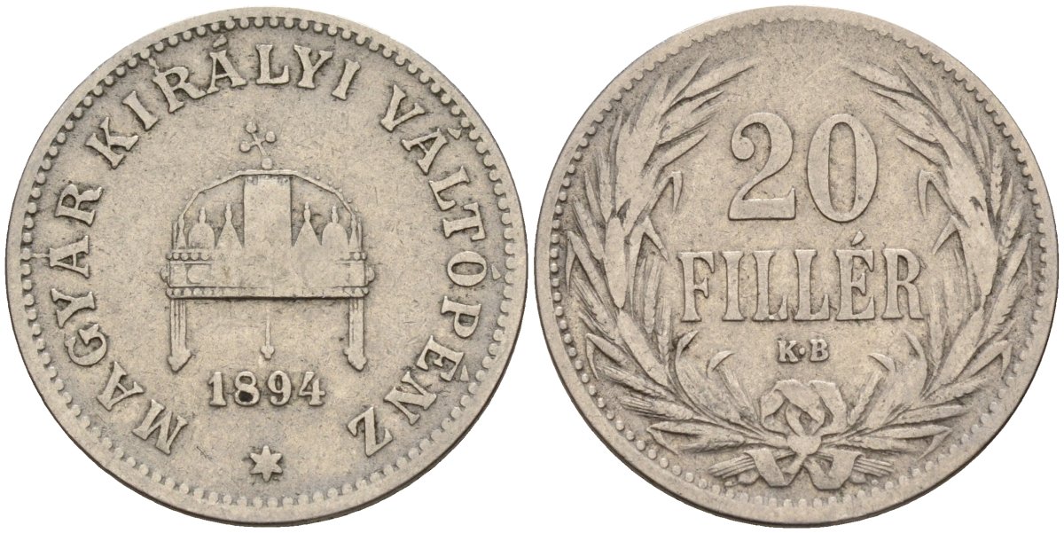 Венгрия 20 филлеров 1894 KB, Франц Иосиф I (1848-1916) KM 483 никель 4151-951