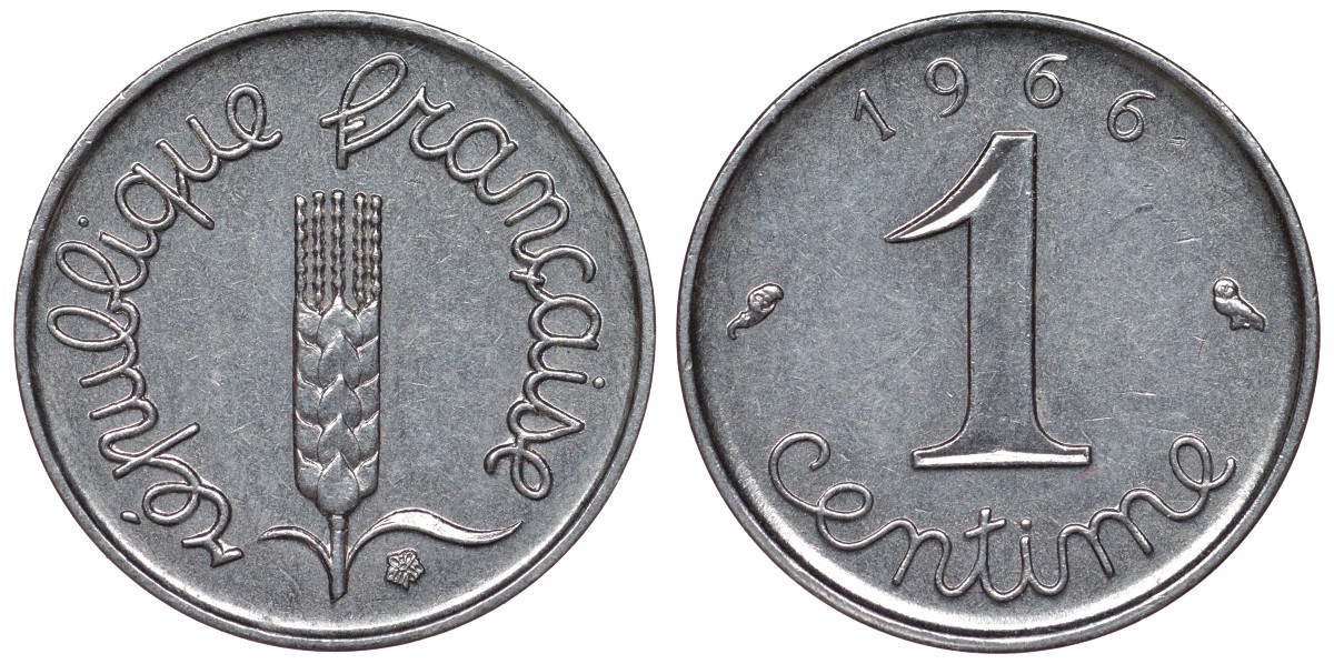 Франция 1 сантим 1966 пятая республика KM 928, Le Franc 106.12 нержавеющая сталь 4124-368