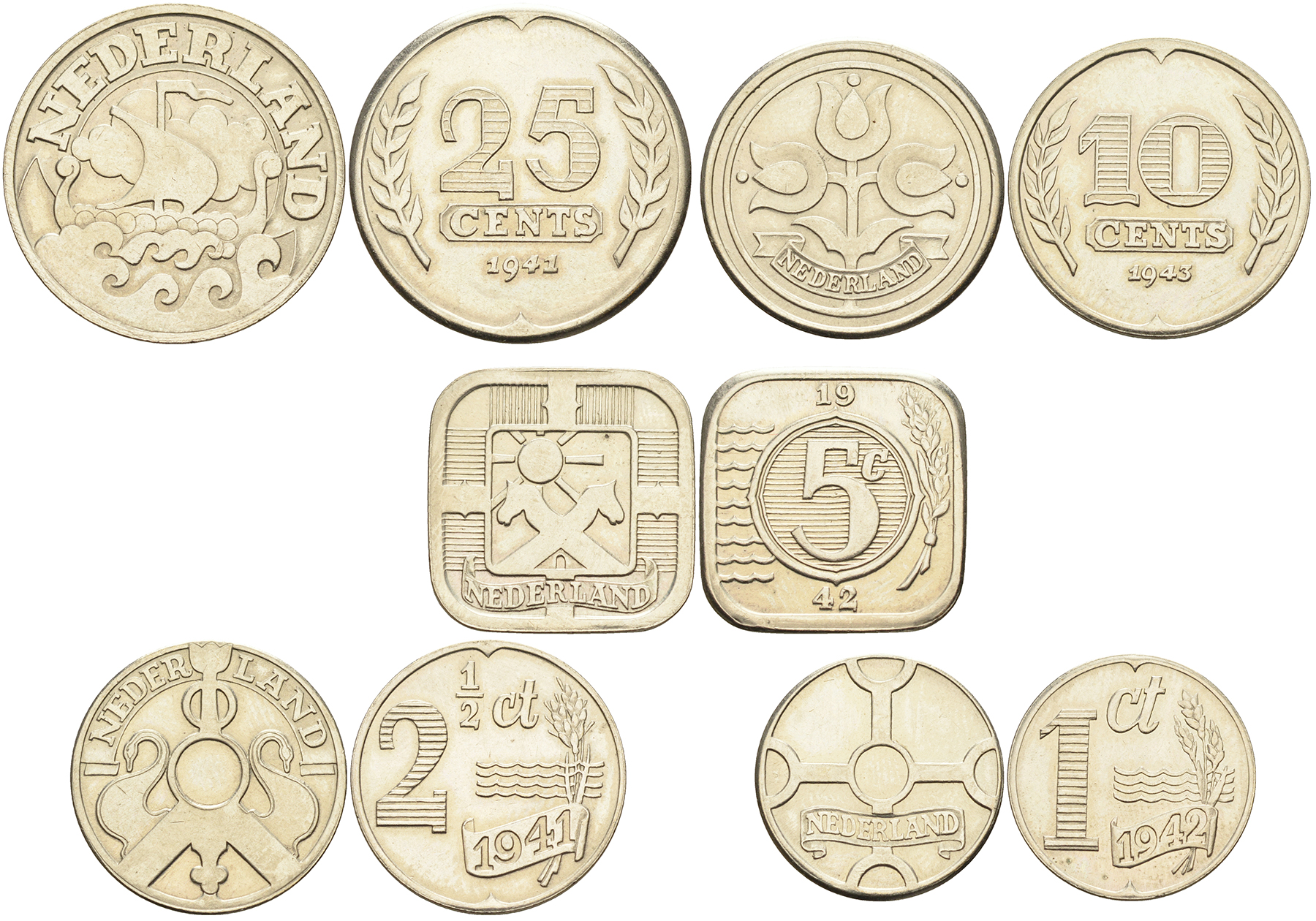Нидерланды набор из 5 монет 1940-1945 Вильгельмина, реплика UNC N6-63