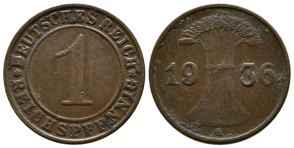 Германия 1 рейхспфенниг 1936 A KM 37, J. 313 бронза 220-151