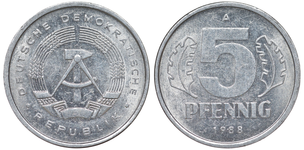 ГДР 5 ПФЕННИГОВ 1988 А алюминий 62-557