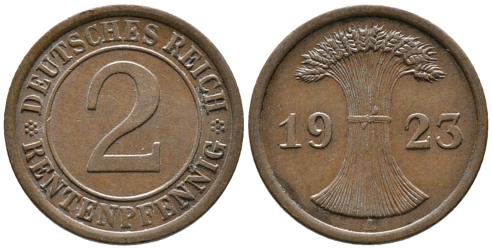 ГЕРМАНИЯ 2 РЕНТЕНПФЕННИГА 1923 A KM 31, J. 307 бронза 24-443