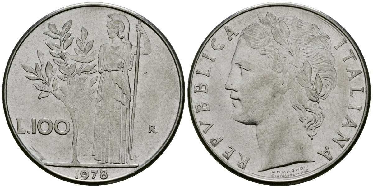 Италия 100 лир 1978 R, Афина у оливкого дерева KM 96.1 нержавеющая сталь 4137-235