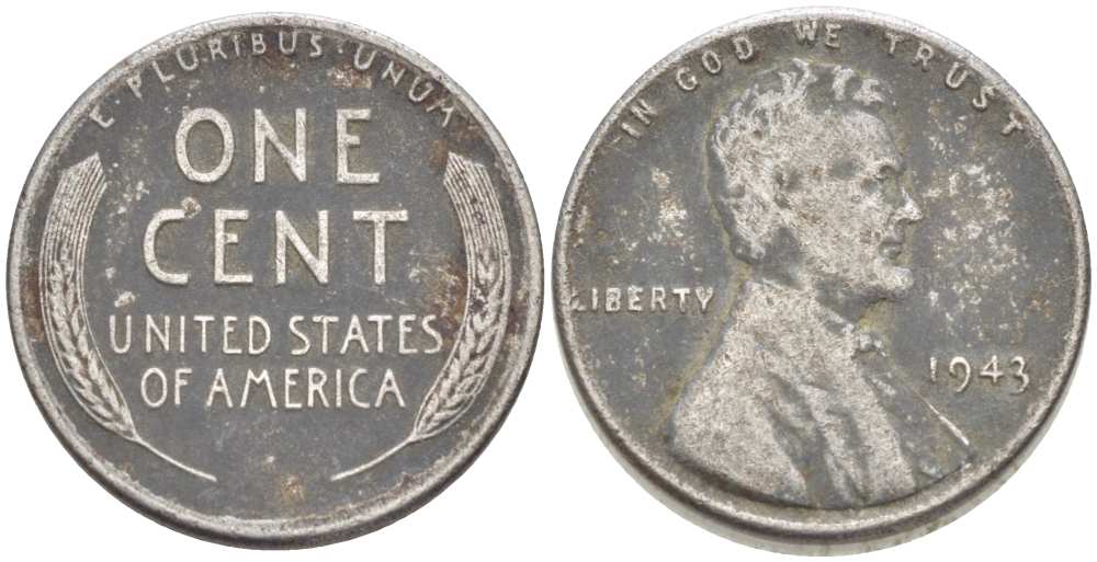 США 1 цент 1943 Авраам Линкольн KM 132а сталь плакированная цинком 3309-461