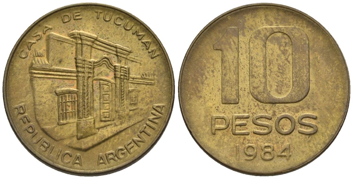 Аргентина 10 песо 1985 здание конгресса Тукумана KM 93, Schon 93, CJ 363 латунь    60-526