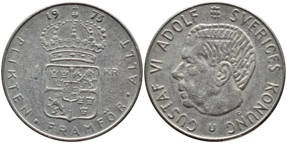 Швеция 1 крона 1973 Густав VI Адольф (1950-1973) KM 826а медь плакированная медно-никелем 4395-126