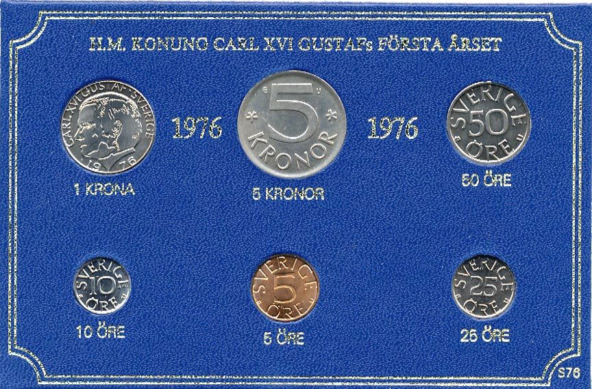 Швеция набор монетного двора из 6 монет 1976 в картоне, Карл XVI Густав (1973- ) KM MS4 UNC 7-5-7-216