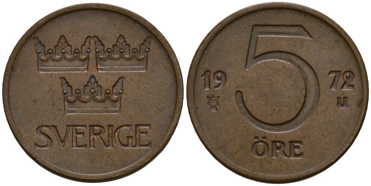 Швеция 5 эре 1972 Густав VI Адольф (1950-1973) KM 845 бронза 4154-742