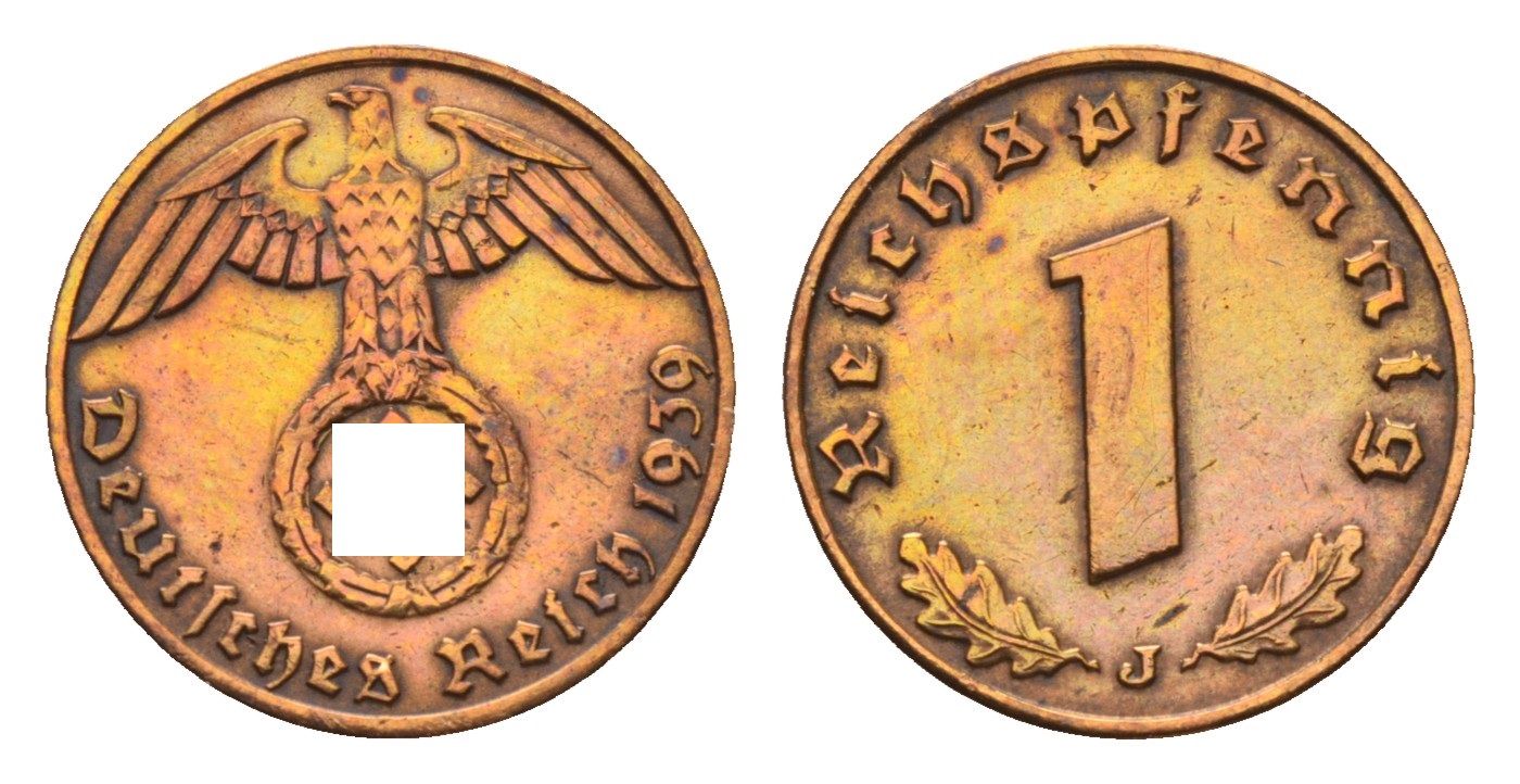 Германия 1 рейхспфенниг 1939 J KM 89, J 361 бронза 73-631