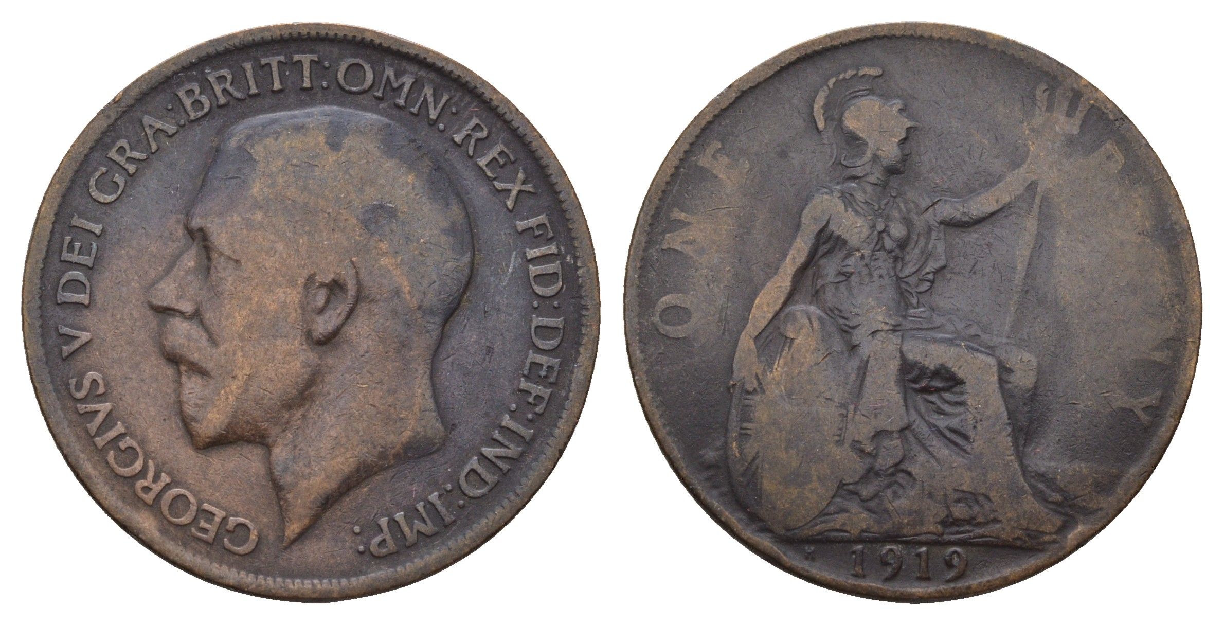 Великобритания 1 пенни 1919 Георг V (1910-1936) KM 810, Spink 4051 бронза 4653-513