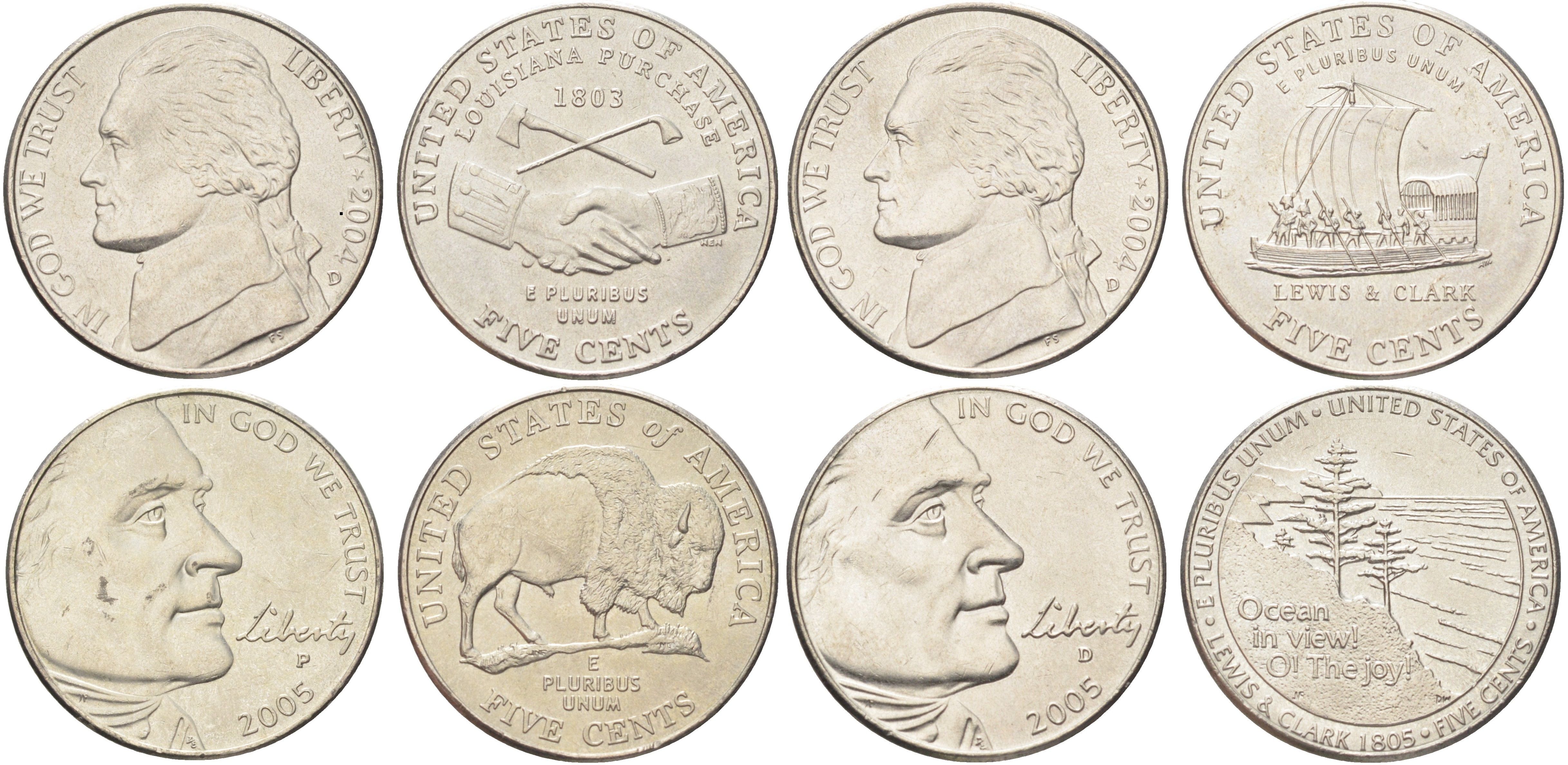 США полный набор из 4 монет (5 центов) 2004 и 2005 200 лет экспедиции Льюиса и Кларка KM 360, 361, 368 и 369 медно-никель UNC 4668-951-954