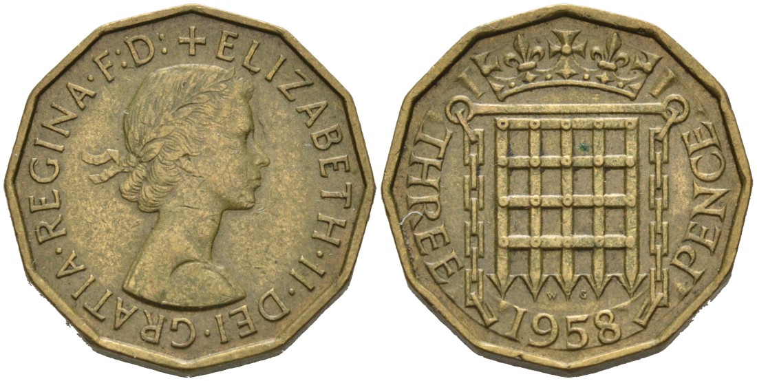 Великобритания 3 пенса 1958 Елизавета II (1952-2022) KM 900, Spink 4153 никель латунь 4561-1026