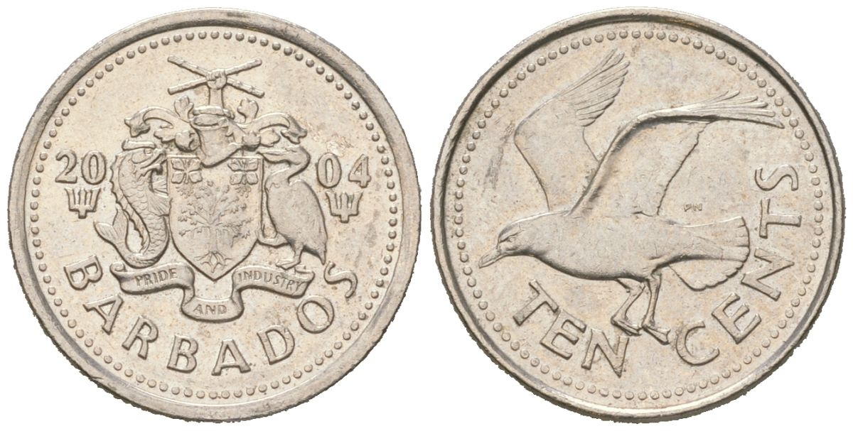Барбадос 10 центов 2004 KM 12 медно-никель UNC 4618-1163