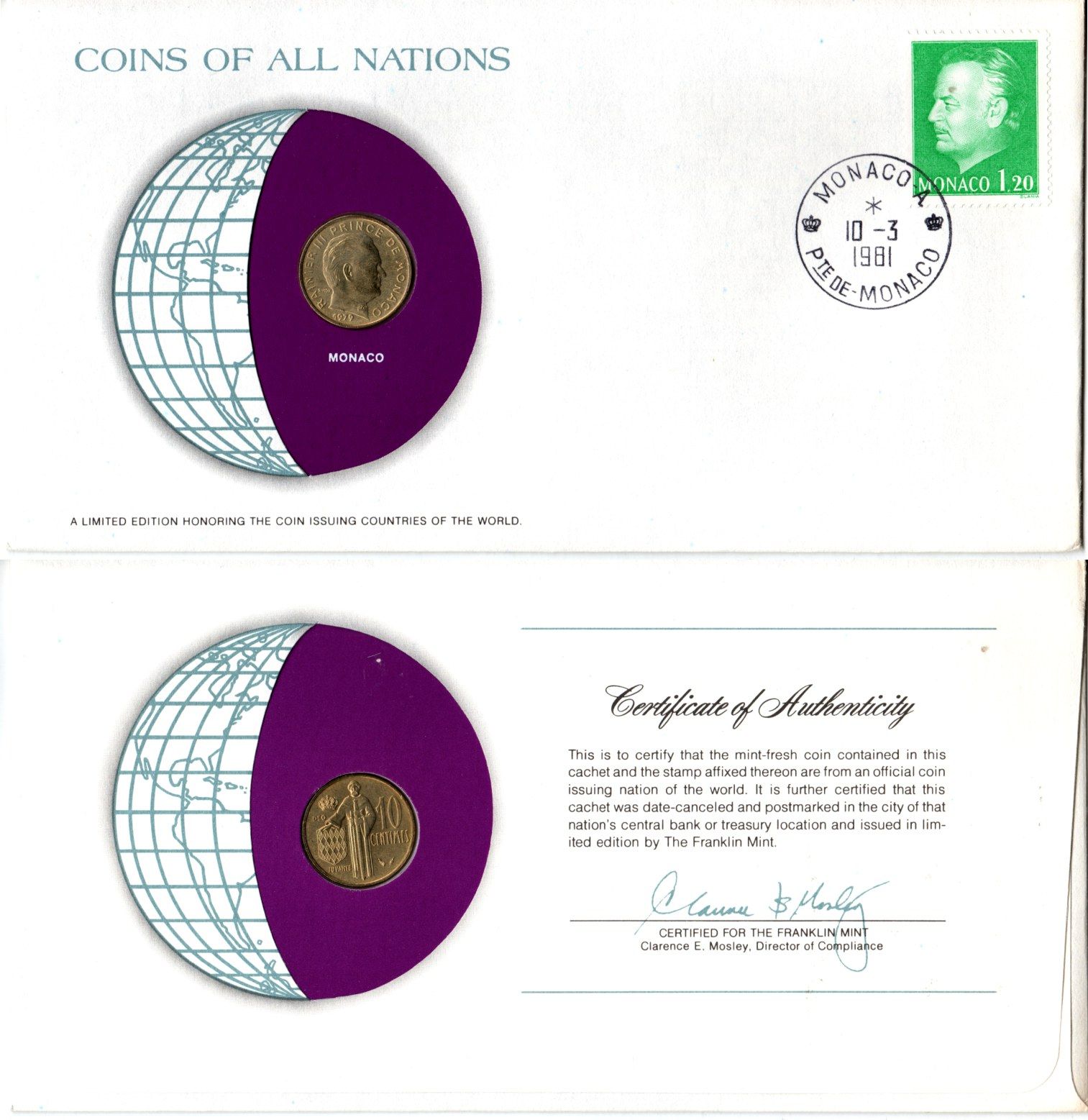 Монако 10 сантимов 1979 конверт с маркой первого дня гашения, Coins of Nations KM 142 медь алюминий никель UNC 4295-6-3