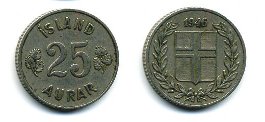 Исландия 25 эйре 1946 KM 11 медно-никель 46-2425