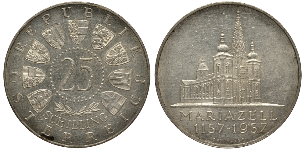 Австрия 25 шиллингов 1957 800 лет Базилике Мариацелля KM 2883 серебро aUNC 1520-131